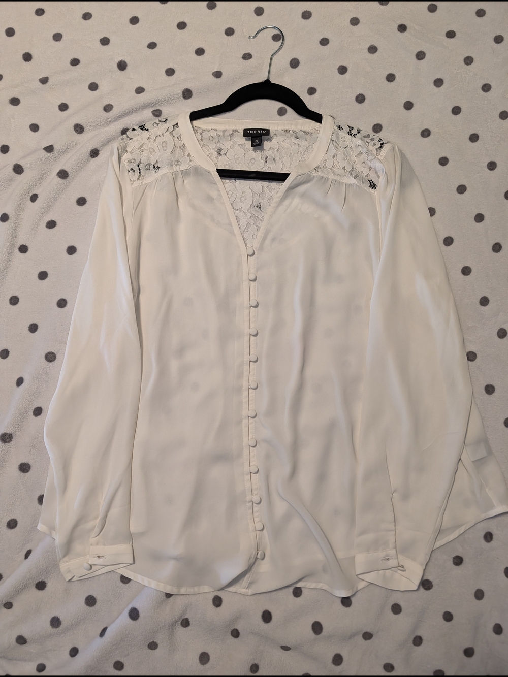 torrid White Lace-Yoke Covered Button Blouse